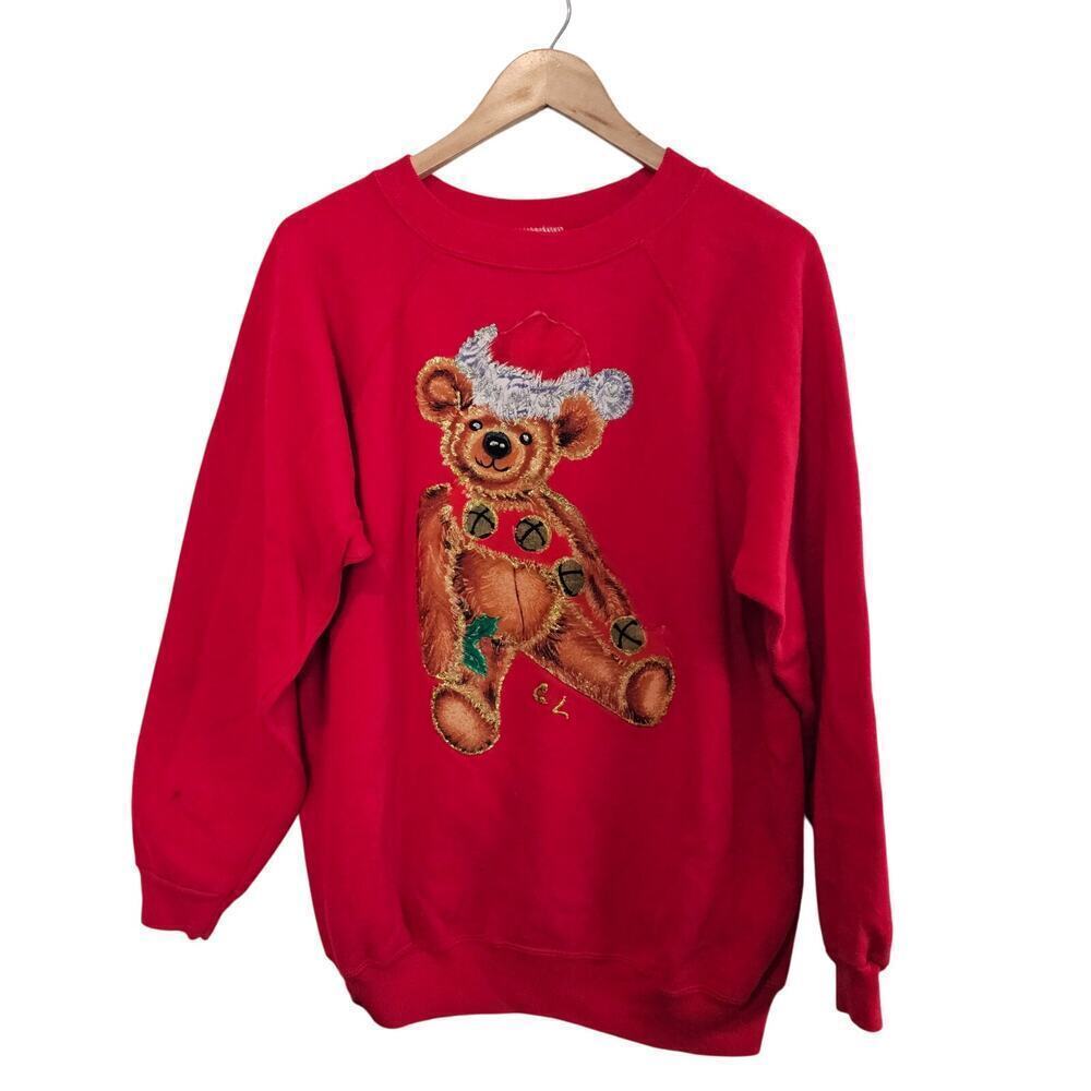 Vintage Christmas Bear Sweater Womens XL Red 90s Cottage Holiday Party Granny